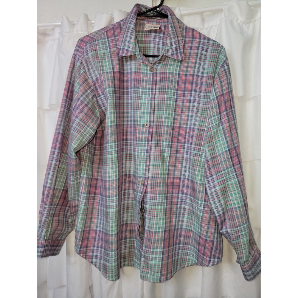 Koret City Blues Plaid Button Down Shirt Pink Green Blue Vintage Top Size L 1317